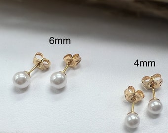 Tiny Round Pearl Stud Earrings in Gold Filled or Sterling Silver, Available in White or Ivory / Cream in 4mm or 6mm