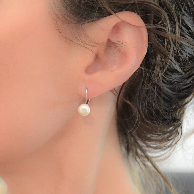 Freshwater Pearl Earrings with Latchback in Gold or Sterling Silver, Real Pearl Stud Earring, Bridal Pearl Drop Earring, Bridesmaids Gift image 2