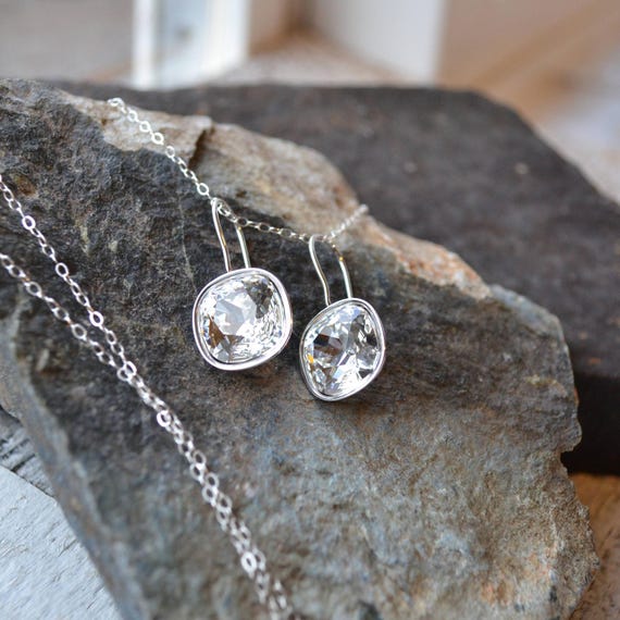 Swarovski Crystal Drop Earrings, Square Rhinestone Earrings, Silver Diamond Bridal Earrings, Wedding Jewelry Set for Bride, Bridesmaids Gift