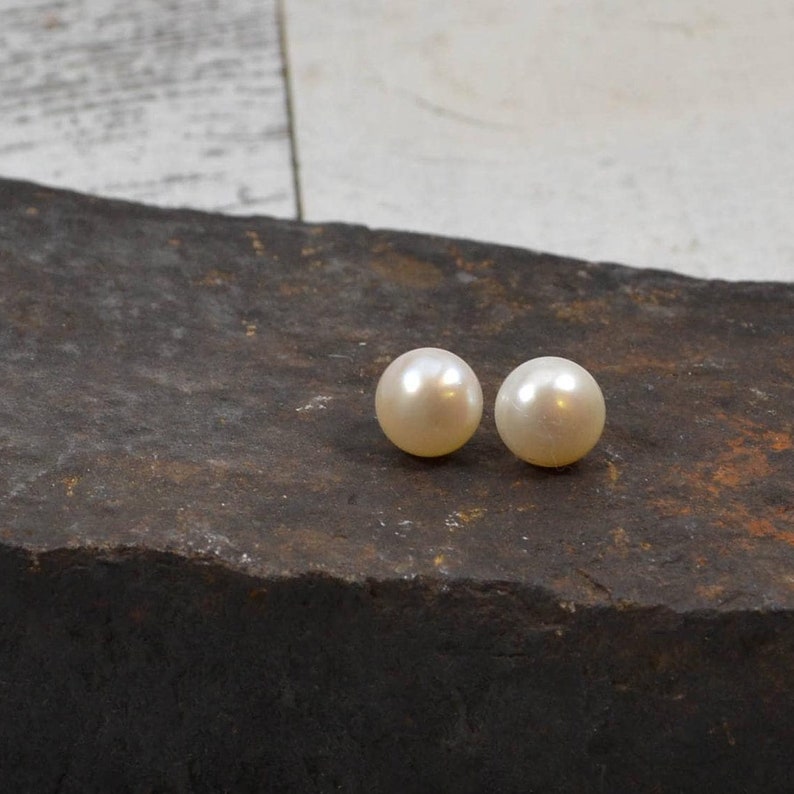 Large Real Pearl Stud Earring Gold Filled or Sterling Silver, Freshwater Pearl Studs, Bridal Pearl Post Earring, Bridesmaids Pearl image 2