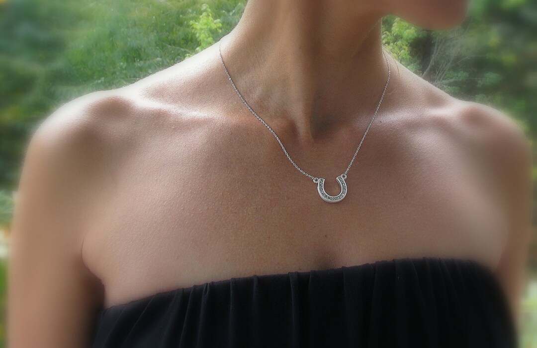 Sterling Silver, Pave Diamond Horseshoe Necklace, Swarovski Charms