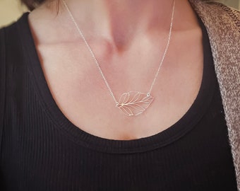 Minimalist Sideways Leaf Pendant Necklace in Sterling Silver, Large Lightweight Silver Leaf Charm, Botanical Necklace, Nature Inspired Gift