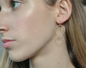 Simple Elegant Gold Filled Circle Earrings, Sparkle Dangle Drops, Lightweight and Comfortable Jewelry Gift