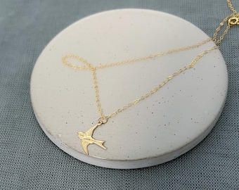 14K Gold, Tiny Gold Sparrow Necklace, Gold Bird Necklace, Little Dove Necklace, Flying Bird Necklace, Solitary Bird, Freedom, Swallow