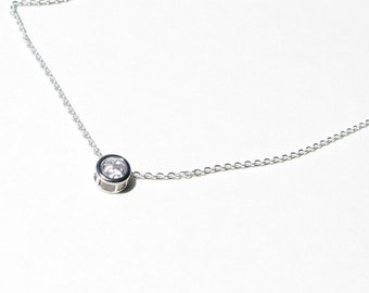 Floating Solitaire, Sterling Silver, Bezel CZ Necklace, Cubic Zirconia Diamond, Bridesmaid Gift , Rhinestone Crystal, Layering Jewelry