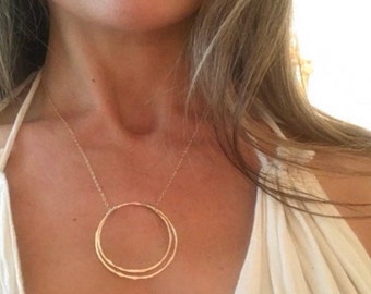Hammered Gold Necklace, Gold Circle Necklace, Gold Pendant, Karma Necklace,  Two Circle, Gold Bridesmaid Necklace, Double Circle Charm