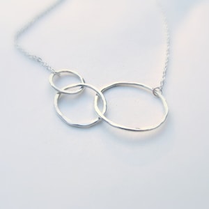 Hammered Circles, Sterling Silver Infinity Necklace Three Circle Necklace, 3 Circles Asymmetrical Linked Rings, Large Small Pendant, image 1