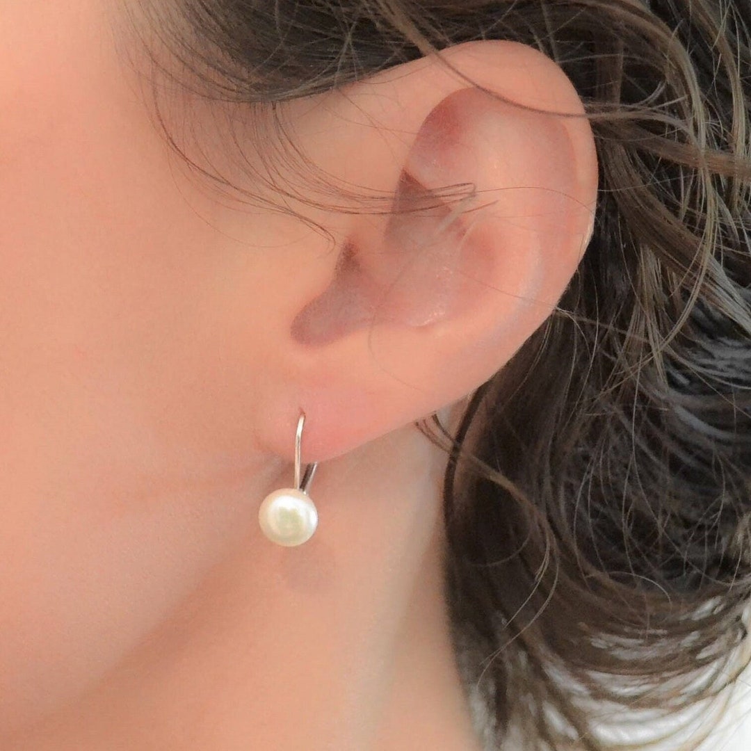 Leverback Pearl Earrings Real Pearl Stud Earring Freshwater Etsy