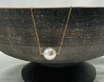 Large 12mm Single Round Pearl Necklace in Gold Filled or Sterling Silver, Big Pearl Solitaire Necklace