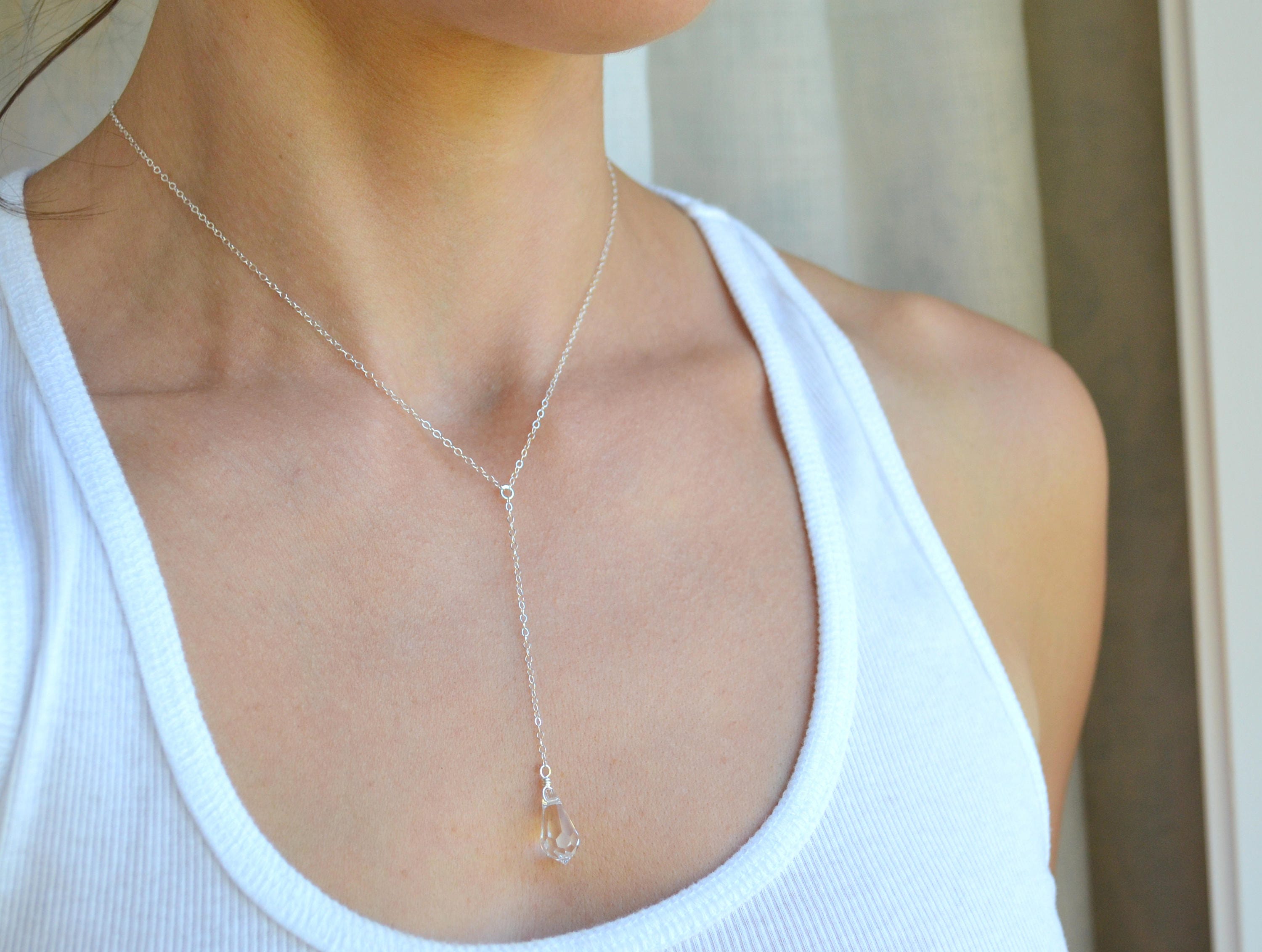 Teardrop Crystal Y Necklace Long Lariat Necklace Bridal Jewelry