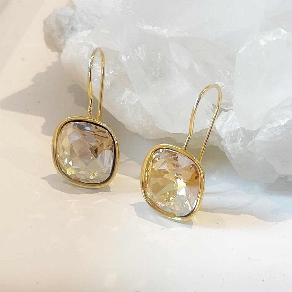 Champagne Crystal Drop Earrings, Cushion Cut Topaz Diamond Champagne Crystal Drop Earrings, Cushion Cut Topaz Diamond