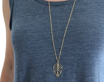 Long Gold Leaf Necklace, Gold Necklace Stacked, Layering Necklace with Pendant Jewelry, Necklace Chain, Delicate, Gold Leaf Charm