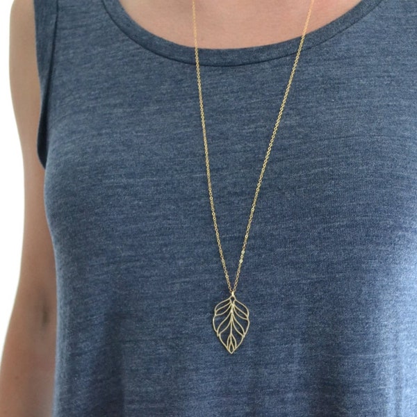 Long Gold Leaf Necklace, Gold Necklace Stacked, Layering Necklace with Pendant Jewelry, Necklace Chain, Delicate, Gold Leaf Charm