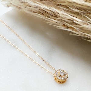 Floating Slide Pave Diamond Pendant Necklace in Gold Filled Round Diamond Pendant, Circle Cubic Zirconia,  Bridesmaids Present Wedding Gift