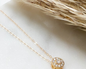 Floating Slide Pave Diamond Pendant Necklace in Gold Filled Round Diamond Pendant, Circle Cubic Zirconia,  Bridesmaids Present Wedding Gift