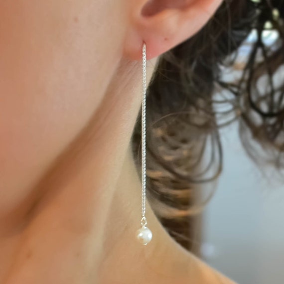 Sterling Silver Long Drop Freshwater Pearl Bead Threader Earrings