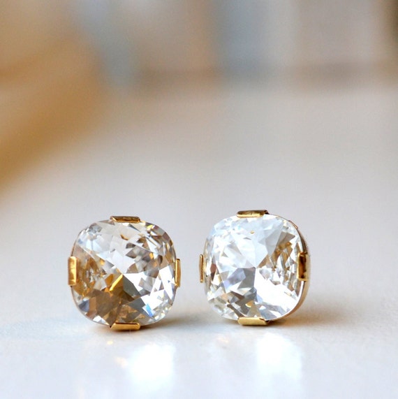 Classic Cushion Cut Swarovski Crystal Studs in Gold Filled or Sterling Silver Large CZ Square Crystal Post Earrings