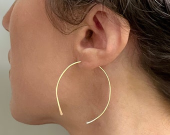 Large Minimal Thin Wire Hoops in Gold Filled or Sterling Silver, Dainty Gold Hoop, Silver Wire U Shape Hammered Arc