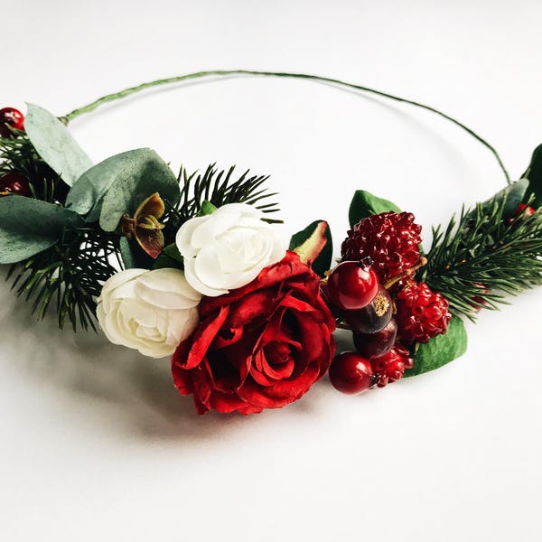 Winter Hochzeit Krone, Braut BlumenKrone, Boho Blumenkrone, Winter Beeren Haarkranz, Rosen Blumen Kopfschmuck, Weihnachts Kopfkranz