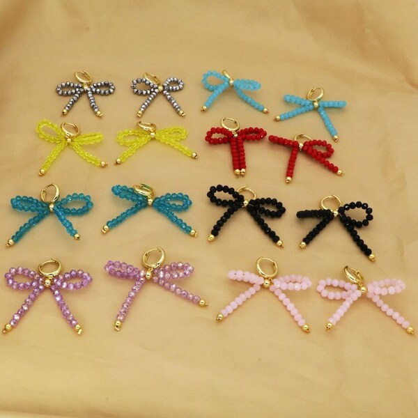 5Pairs 2024 Trend Bow Earring Glass Crystal Beads Gold Plated Handmade Colorful Bow Fashion Drop Earrings Jewelry