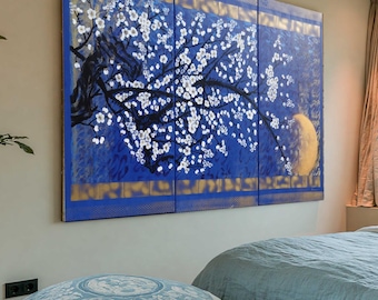 Japandi Love Birds Painting J390 Large Blue Gold Acrylic Canvas by Ksavera