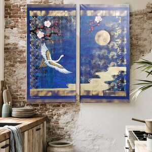 Japanese Crane Moon Painting J125 Blue Gold Japandi Canvas Set by Ksavera