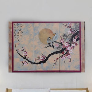 Japanese painting sakura branch sun and birds Japan Hieroglyph original artwork in japanese style J181 wall art by artist Ksavera image 3