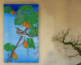 Catbird on the branch Japan Hieroglyph original artwork in japanese style J105 ready to hang acrylic painting wall art by artist Ksavera