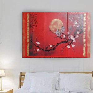 Rot Japan art cherry blossom and love birds Japanese style Zen painting J187 Large paintings acrylic gold wall art by artist Ksavera image 2