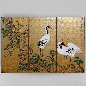 Japanese cranes サムハラ Samuhara Japan art Japanese style painting J093 Large paintings art 100x150x2 cm gold wall art by artist Ksavera image 2