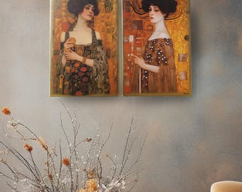 Belle Epoque DS0257 by artist Ksavera - set of 2 giclee prints on stretched canvas, black or gold edges. READY to HANG - diptych - Klimt