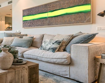 Neon Green Abstract Painting A203 Rusty Metal Texture, Set of 2 by Ksavera