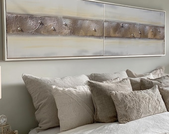 Diptych Wall Art A214 Gold Stripe Cream Abstract - Textured paintings by Ksavera