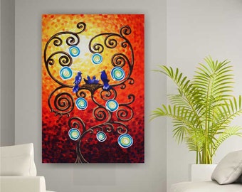 PAINTING GIFT for mom of 2 children nest on the TREE of LiFE Large orange 110x160 cm Red Original extra large wall art unstretched canvas