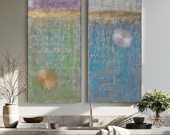 Textured Abstract Painting A227-1 Gold Stripe Green Blue on Canvas by Ksavera