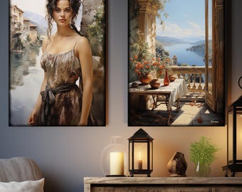 Belle Epoque DS0660 by artist Ksavera - set of 2 giclee prints on stretched canvas, black or gold edges. READY to HANG - diptych, portrait