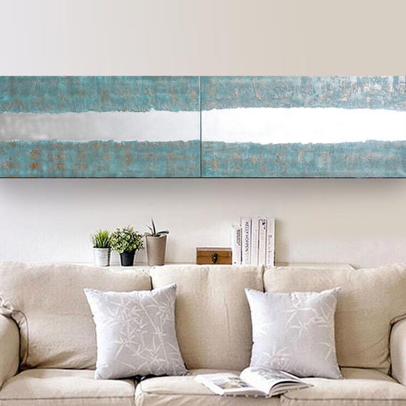 Copper Patina Abstract Painting Diptych A335 Textured Silver Canvas Set by Ksavera