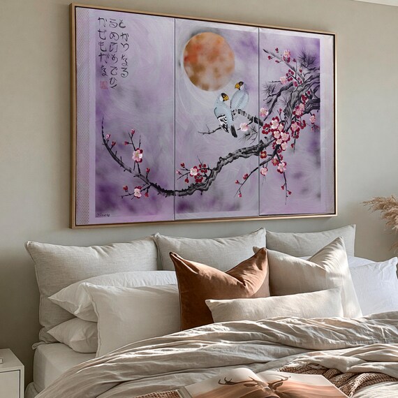 Japanese sakura J358 - triptych - Large paintings - Japan art - cherry blossom - love birds - acrylic paintings - wall art by artist Ksavera
