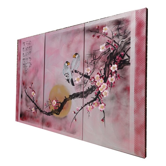 Cherry blossom and love birds - Japanese style painting J245 Large pink paintings - Japan art acrylic on stretched canvas by artist Ksavera