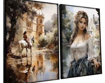 Belle Epoque DS0658 by artist Ksavera - set of 2 giclee prints on stretched canvas, black or gold edges. READY to HANG - diptych