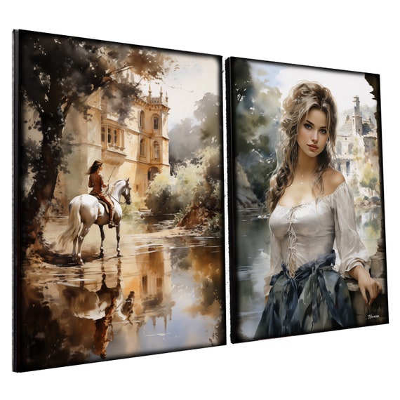 Belle Epoque DS0658 by artist Ksavera - set of 2 giclee prints on stretched canvas, black or gold edges. READY to HANG - diptych