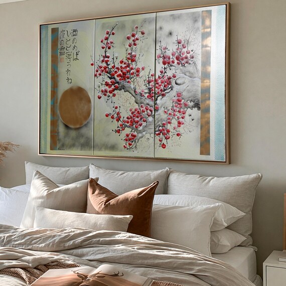 Japanese apples in snow J230 - large triptych - Large painting - Japan art - stretched canvas - acrylic paintings by artist Ksavera