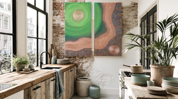 Abstract Wall Art: Green Rusty Iron Copper A151 Mid Century Modern Set by Ksavera