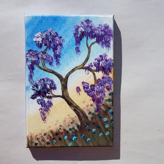 Violet Tree, small Painting, Flowers and Sky by Ksavera