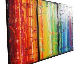 READY to SHIP - black tryptych Rainbow Abstract Paintings A618 colorful art for Lounge, Office, Sleeping room or above sofa by Ksavera