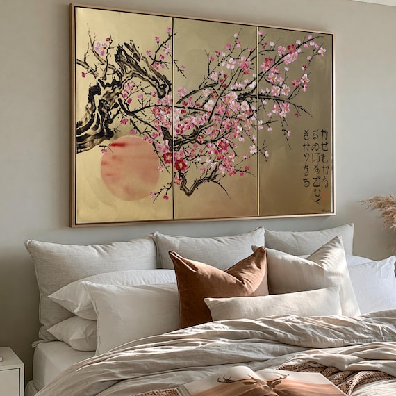 Japan art cherry blossom and sun Japanese style painting J205 Large paintings art canvas acrylic paintings gold wall art by artist Ksavera