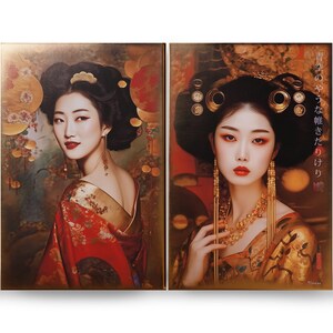 Japanese gold geisha DS0666 by artist Ksavera set of 2 giclee prints on stretched canvas, black or gold edges. READY to HANG diptych image 6