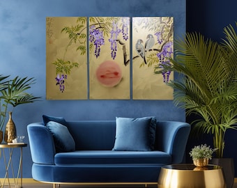 Japanese lilac wisteria and love birds J225 - large gold triptych, original art, japanese style paintings by artist Ksavera