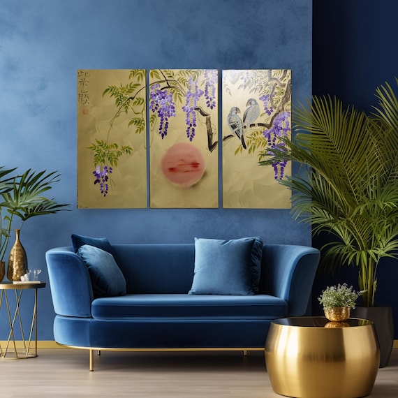 Japanese lilac wisteria and love birds J225 - large gold triptych, original art, japanese style paintings by artist Ksavera