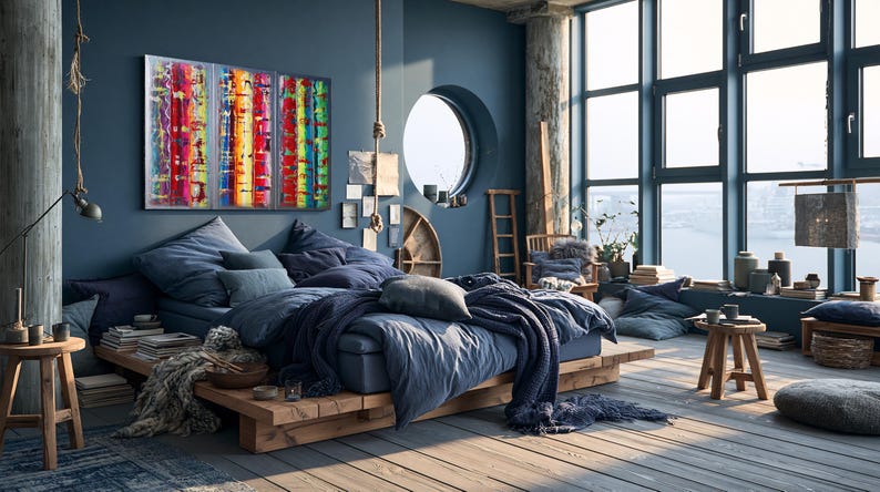 a cozy and eclectic bedroom with a large bed, wooden furniture, and a colorful abstract painting on the wall.